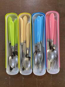 3pcs Portable Stainless Steel Student Cutlery Set, Spoon, Fork, Knife Stainless Steel Dinnerware, Suitable For Picnic, Work, Camping, School, Travel, Reusable Tableware With Container, Dishwasher Friendly