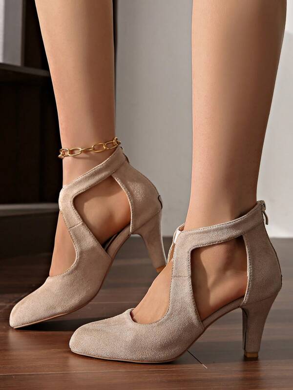 Women's New Sexy Hollow Out High Heel Pumps, Closed Toe, Zipper Closure, Thin Heel, Fashion Versatile High Heels, Beige