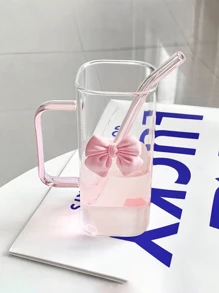 1 Stück (350ml/11,83 oz) quadratischer Glas-Becher mit Schleifenhenkel, klassische Tasse, Teeglas, Saftglas, Kaffeetasse, Milchglas, Wasserglas, Fruchtglas, Suppentasse, geeignet für Küche, Esszimmer, Party, Halloween, Gartenparty, Schulbedarf