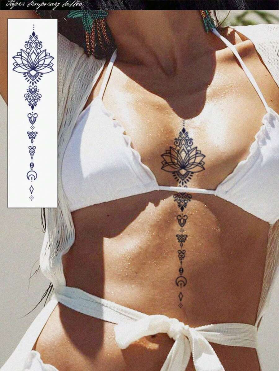 1pc Paper Temporary Tattoo, Sexy Fashion Minimalist Floral Line Art Lotus Flower Design Temporary Tattoo, Chain Print Pattern Fake Tattoo, Multifunctional Unisex Body Art Stickers, Waterproof Sweat-Proof For Arm, Chest, Abdomen And Back, Easy To Apply/Remove, Lasting 7-14 Days Decorative Sticker DIY Gifts