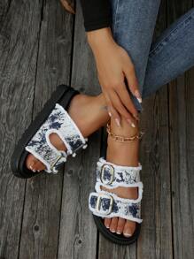 Women's Fashion Versatile Tie Dye Blue & White Tassel Decor Vacation Style Buckle Wedge Platform Slide Sandals, Simple Thick-Soled Casual Outdoor Slippers