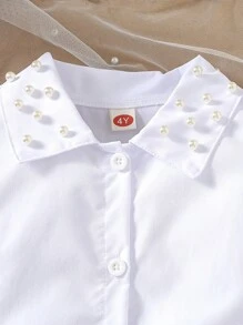 Young Girls Casual Fashion Lapel Beaded Top + Fashionable All-Match Solid Color Skirt Two Pieces Set - White - View 3