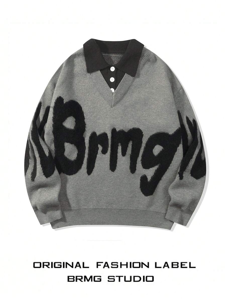 男士休闲拼接 Polo 领套头毛衣，宽松学院风，春秋季长袖上衣 - 灰色 - 查看 1