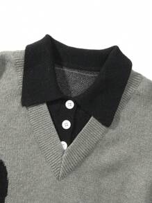 男士休闲拼接 Polo 领套头毛衣，宽松学院风，春秋季长袖上衣 - 灰色 - 查看 3