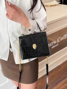 1pc Black PU Elegant Minimalist Crocodile Skin Pattern Metal Buckle & Chain Flap Cover Shoulder Handbag, Suitable For Ladies Spring/Summer, Office Commuter Bag, Outgoing Shopping Tote, Fit For Smartphone, Wallet, Lipstick, Keys, Tissue, Fashion Accessory