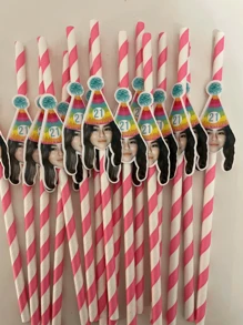 12 Pcs Customized Number & Face Party Paper Straws, Pink Theme Birthday Party Decor, Bachelorette Party Supplies, Women's Day Holiday Decor, Birthday Hat, Pink & Blue Striped Paper Straws, Best Gift For Girls,Brunch-Ready - Multicolor - View 4