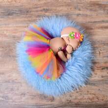 新生儿摄影道具女童服装婴儿摄影道具公主蓬松薄纱芭蕾舞裙和花卉头带，新生儿摄影肖像礼物 - 彩色 - 查看 4