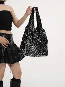 2 pièces Ensemble comprenant un porte-monnaie, un grand cabas pailleté de mode à capacité élevée, un sac à main d'épaule, pailleté brillant tout autour, sac fourre-tout pour l'extérieur/les courses, grand sac à main, style de rue Y2K, pochette de soirée