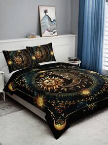 3PCS Super Soft Breathable Golden Sun And Moon Planet Duvet Cover Set (1 Duvet Cover+2 Pillowcases Without Pillow Core), At Home Dormitory High Definition Numerical Code Printing