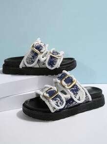 Women's Fashion Versatile Tie Dye Blue & White Tassel Decor Vacation Style Buckle Wedge Platform Slide Sandals, Simple Thick-Soled Casual Outdoor Slippers