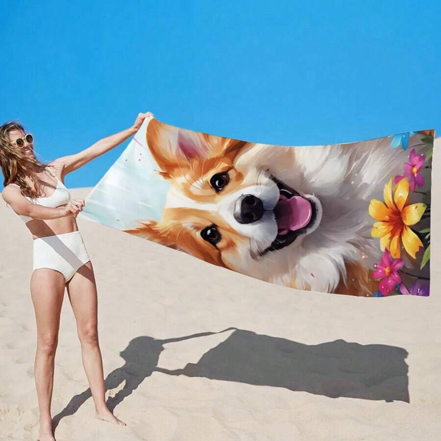 Zeitgenössisches Strandtuch mit Tiermotiv - Polyester, schnelltrocknend, sandbeständig, sehr saugfähig, weich, Strickgewebe, Hundedruck - Handwäsche, 70*150 cm - perfekt für Reisen, Yoga, Schwimmen, Fitness, Picknick