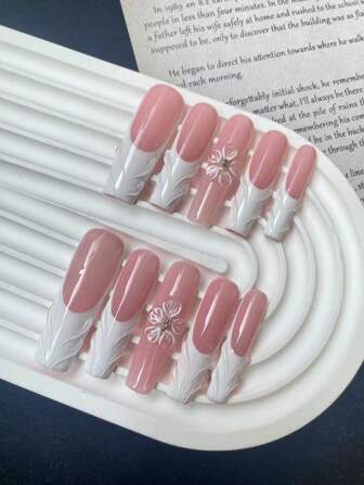 Ten Pieces Of Pure Handmade Press-On Nail Tips. In The Coffin Nail Shape, With A Gentle Rich Girl Style In The White French Design. There Are 3D Three-Dimensional Hand-Sculpted Flowers. It'S Versatile, Simple And Elegant. It Can Be Matched With Various Types Of Clothes And Accessories. Moreover, This Style Makes The Wearer Look Extremely Cute, Being Super Girly And Pretty. It Can Be Worn Repeatedly. Press On Nails Nail Supplies Nails