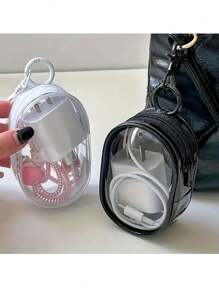 1pc Compact Transparent Zipper Storage Bag With Keychain - PVC, Suitable For Keys, Earphones, Chargers & Travel Accessories, Available In Black & White, Outdoor Travel Storage - Multicolor - View 2