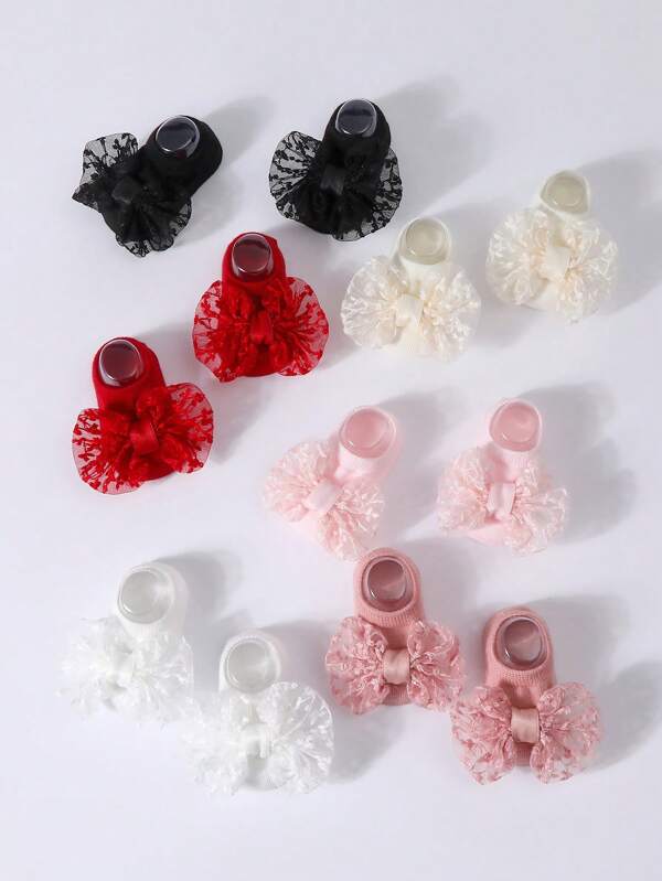 6 paires de chaussettes bébé princesse avec nœuds, chaussettes anti-dérapantes pour bébé et chaussettes bateau