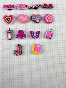 Set de 14 piezas con diseño de corazones rosas y mariposas de dibujos animados, accesorios decorativos para sandalias DIY, adecuado como regalo para vacaciones - Multicolor - Ver 4