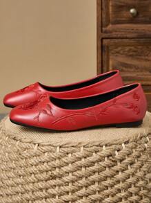 WHDXY 1 双新款中国风刺绣方头复古乐福鞋女款，低帮仙女奶奶鞋，舒适一脚蹬鞋，复古法式玛丽珍通勤平底鞋 - 酒紅色 - 查看 6