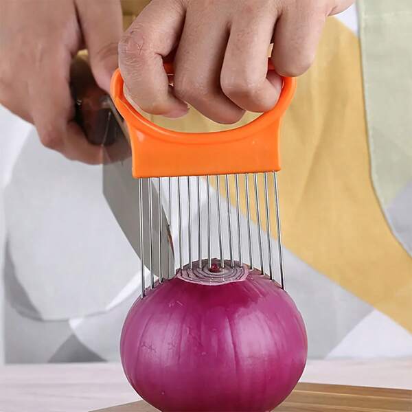 1 pieza Cortador de cebolla de acero inoxidable con mango naranja - Cortador rápido y sin desorden, perfecto para rebanadas finas, herramienta de cocina esencial