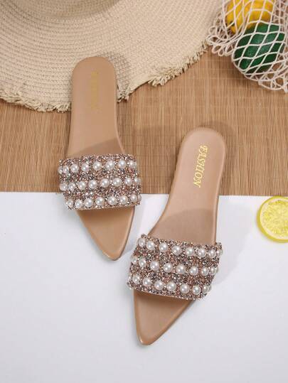 Neue Perlendekoration Spitzenschuhe Sandalen, Lässig minimalistischer Stil flache Sandalen, Kunstperlen Dekor Strandsandalen, Hausschuhe, Outdoor Mode, geeignet für Hochzeit, Arbeit, Schule, Wohnheim, Urlaub, Reise, Strand