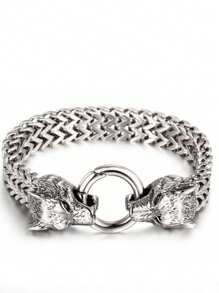 1条全新不锈钢维京双狼头手链，带弹簧扣，男士摩托车嘻哈摇滚腕带，休闲配饰礼品 - 時尚 - 查看 5