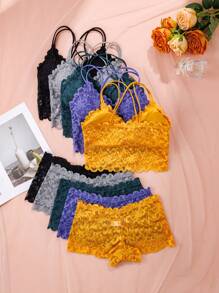 5pcs/Set Sexy Lace Lingerie Set, Wireless Bra, Comfortable Camisole Top & Shorts, Suitable For Party, Home Wear, Spring/Summer - 彩色 - 查看 2