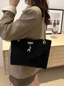 1pc Polyester Deer Pattern Decorative Large Capacity Zipper Shoulder Tote Bag, Suitable For Women's Daily Use - Black - View 6
