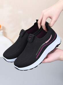 Women's Spring/Summer Breathable Mesh Casual Athletic Sneakers, Non-Slip Soft Sole Slip-On Comfy Loafers, Round Toe Relaxed Casual Shoes, Elastic Vamp, Daily Walking - Black - View 2