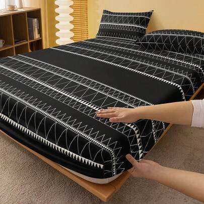 2/3pcs Bohemian Black & White Geometric Striped Bedding Set (1pc Fitted Sheet + 1/2pcs Pillowcase), Soft & Breathable, Fits Twin, Full, Queen, King Size Beds Up To 11.8" Depth, Home Textile