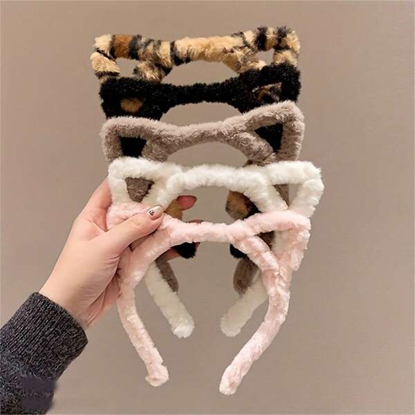 5pcs Leopard Print Plush Cat Ears Headband, Suitable For Women For Face Washing And Makeup, Hair Accessories For Going Out, Cute Hair Clip Headband, Perfect Gift For Family And Friends,Hairband,Hair Hoop Headbands