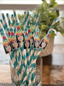 12 Pcs Customized Number & Face Party Paper Straws, Pink Theme Birthday Party Decor, Bachelorette Party Supplies, Women's Day Holiday Decor, Birthday Hat, Pink & Blue Striped Paper Straws, Best Gift For Girls,Brunch-Ready - Multicolor - View 9