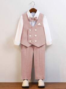 4pcs/Set Young Boys Formal Suit, Suitable For School, Wedding, Party And Other Occasions, Including Double-Breasted Vest, Pants, Long Sleeve Shirt, Comes With Necktie - Pink - View 2