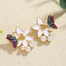 8 Pieces Set Fashion Small White Flower Flower Stud Earrings Drop Oil Metal White Flower Stud Earrings For Women Daily Summer Holiday Party Wear