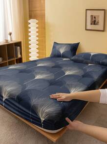 2/3pcs Navy Blue Ginkgo Leaf Fitted Sheet Set (1Pc Fitted Sheet+1/2pcs Pillowcases), Mattress Protector, Mattress Cover For Bed, Bed Sheet Set, Soft And Breathable, For All Size Bed -Twin, Full, King, Queen Size Sheet Deep Pocket Up To 11.8 Inch Home Textile