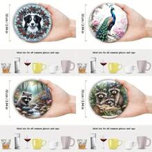 4 件浣熊、孔雀和狗动物图案木制杯垫，适用于茶杯、咖啡杯和饮料杯，是家居和餐厅装饰的理想选择，可收藏的木制杯垫 - 彩色 - 查看 6