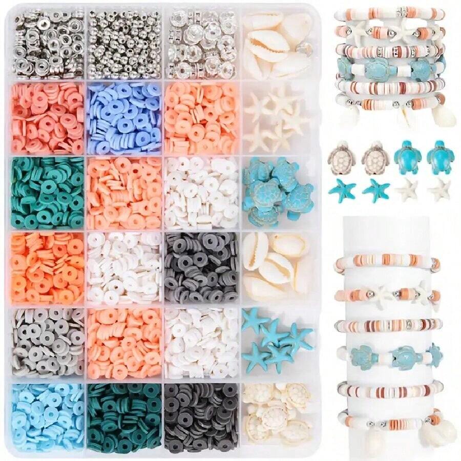 2000pcs Sea Holiday Bead Set - Sky Blue, Tortoiseshell, Starfish, Polymer Clay Pieces For DIY Bracelet And Jewelry Making Kit
