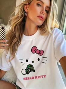 Hello Kitty 女款 T恤、睡衣、趣味上衣、度假夏季穿搭、趣味睡衣、服飾、睡袍、家居休閒圖案 T恤 - 白色 - 查看 3