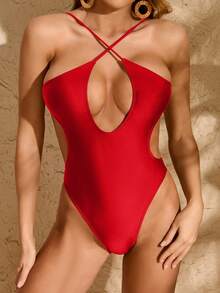 2025 Criss-Cross Strap Monokini For Women, New Style, Solid Color, High-Cut, Sexy, Hollow-Out, Overseas European And American Style Bikini