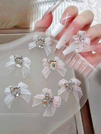 6/12 件 3D 堆叠水晶蝴蝶结美甲装饰，透明欧根纱，手工 DIY 美甲首饰配件，新娘，仙女风格