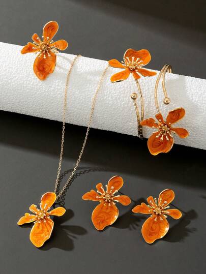1 Set de nuevo diseño de verano con collar de dije floral asimétrico naranja, 1 par de aretes, 1 anillo, 1 pulsera - Juego de joyas para mujer (sin incluir caja de regalo)