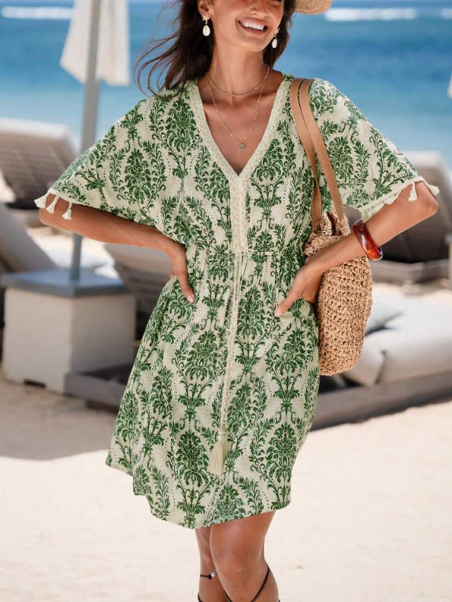 休闲度假女式波西米亚风花卉印花拼布流苏下摆时尚连衣裙 - 彩色 - 查看 1