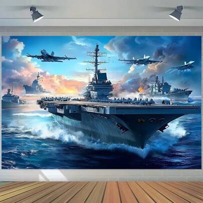 1 Ocean And Fighter Background Banner, Polyester Room Decoration, Multifunctional Photo Wall Suitable For Parties And Events, Durable For Indoor/Outdoor Use, Suitable For Navy Themed Wall Art In All Seasons, Suitable For Living Rooms, Bedrooms, And Offices.