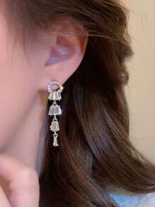 1 对优雅奢华水钻流苏耳坠耳环，独特设计女士日常/正式派对/舞会百搭耳环 - 銀色 - 查看 2