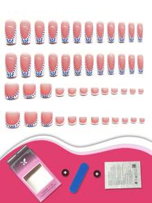 48Pcs Medium Square Hand & Toe Press On Nails Set, White French Tips With Blue Polka Dot Floral Design, Fresh And Style, Perfect For Daily Wear And Vacation, Includes Nail File And Jelly Gel, Effortlessly Create Simple And Elegant Nails