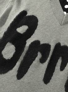 男士休闲拼接 Polo 领套头毛衣，宽松学院风，春秋季长袖上衣 - 灰色 - 查看 4