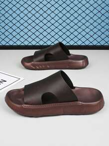 Men's Comfortable Brown Leather One Piece EVA Slide Sandals