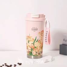 1 Pc 316 Stainless Steel Vacuum Insulated Water Bottle With Carry Strap, Lily Flower Pattern Coffee Cup, Portable Double-Wall Tumbler With Straw, Unisex Office Cup Back To School
