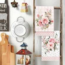 1 件/2 件超细纤维婚礼季节手巾，现代花卉和波尔卡圆点设计，柔软吸水可机洗涤纶洗碗布，非常适合厨房装饰、烹饪、烘焙、节日装饰和浴室必需品、餐桌装饰、厨房用品、家居装饰、新家浴室乔迁礼物、厨房毛巾