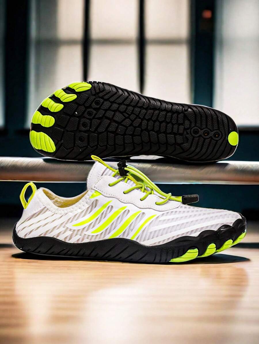 1 Pair All-Season Anti-Slip Water Shoes Suitable For Beach And River Sports, Ladies And Men Lightweight Quick-Drying Breathable Mesh Upper With Rubber Sole, Striped Pattern - White - View 1