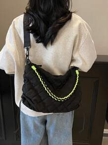 新款褶皱女士单肩包，菱形刺绣涤纶休闲百搭纯色斜挎包，手工编织大容量可折叠手提包，适合日常使用 - 黑色 - 查看 7