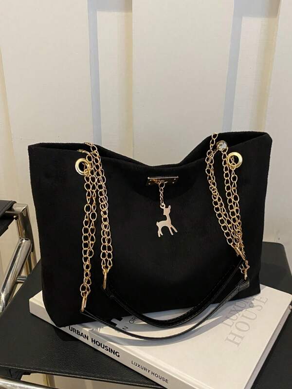1 Peça Bolsa Tote Ombro de Fechamento com Zíper, Decoração em Poliéster com Cervo, Grande Capacidade, Moda, Adequado para Uso Diário de Mulheres