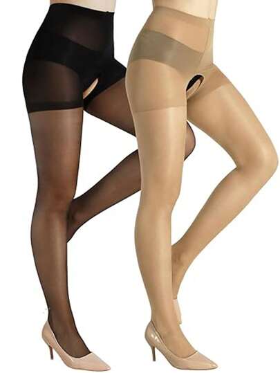 2 pares de meias-calças femininas transparentes abertas 20D cintura alta cinta-liga